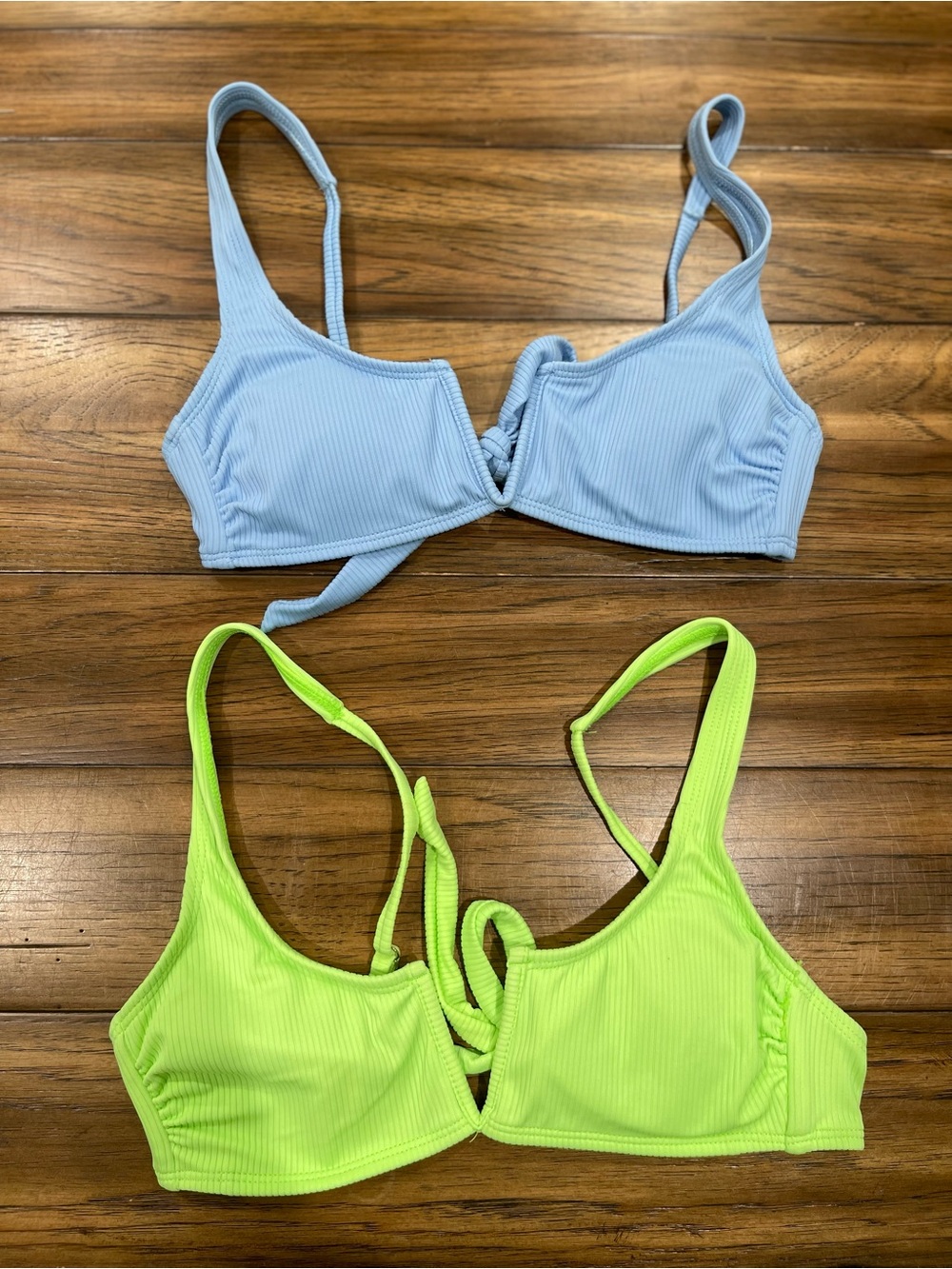 California Waves Ribbed Bikini Tops in Light Blue and Neon Lime